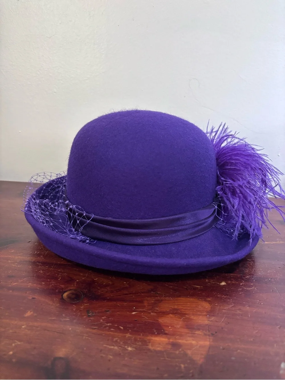 Vintage Purple Feather Trim Felt Cocktail Hat with Net Veil & Ostrich Feather